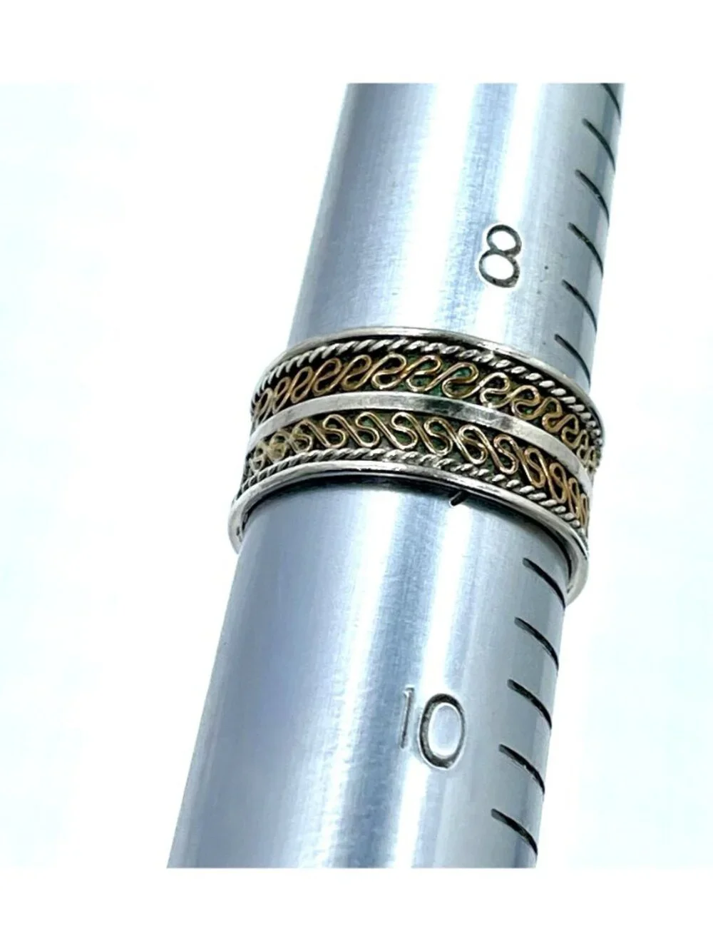 925 Sterling Silver & Brass Wide Band Scroll Ring Size 8.5-9